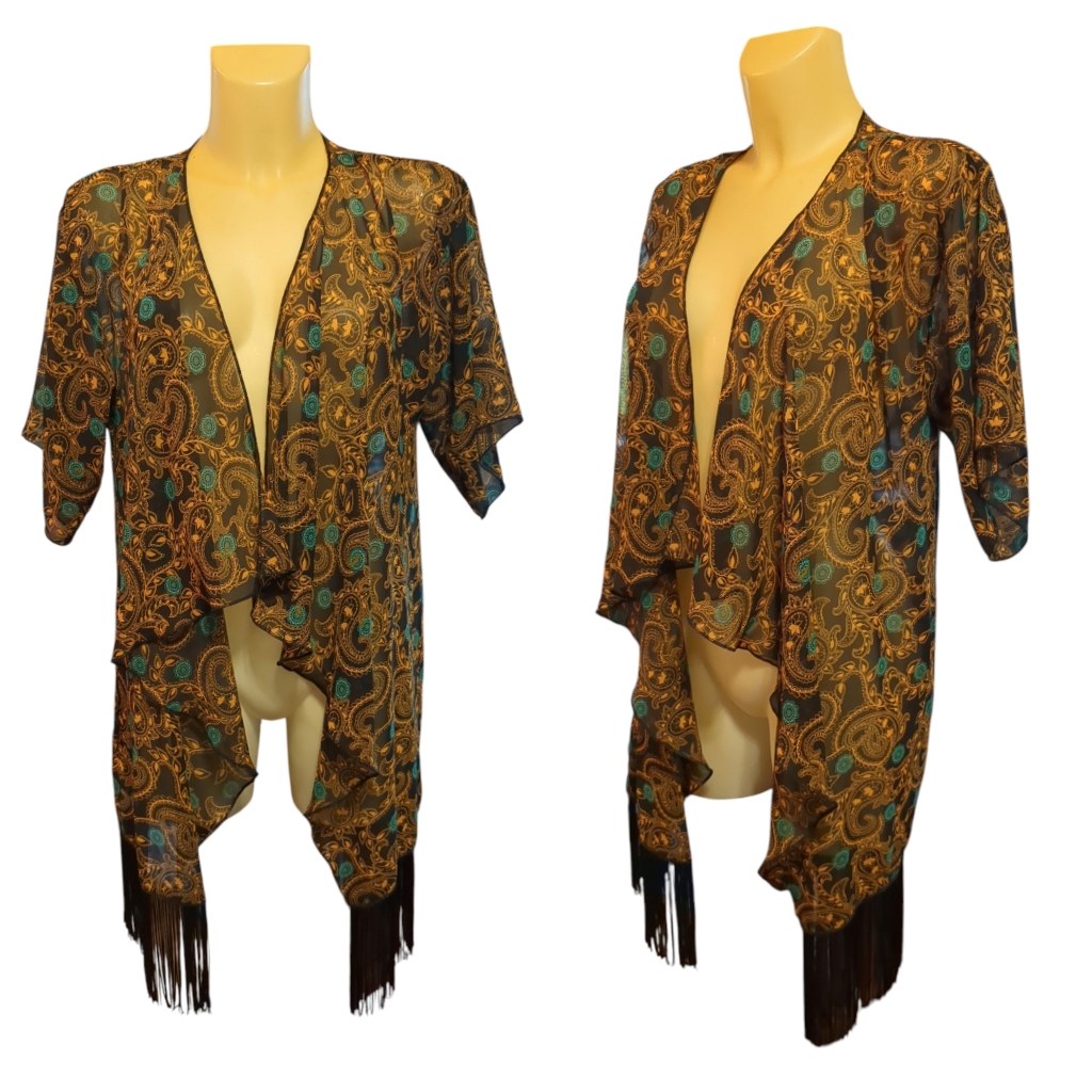 3/15lularoe Monroe Black Gold Teal Paisley Sheer Cardigan With Fringe